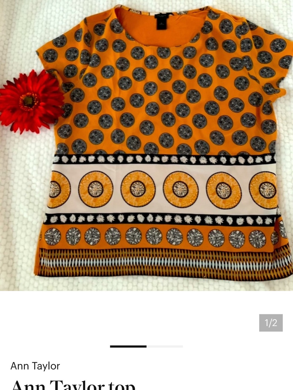 Ann Taylor Mustard Yellow and Black Patterned Short-Sleeve Top